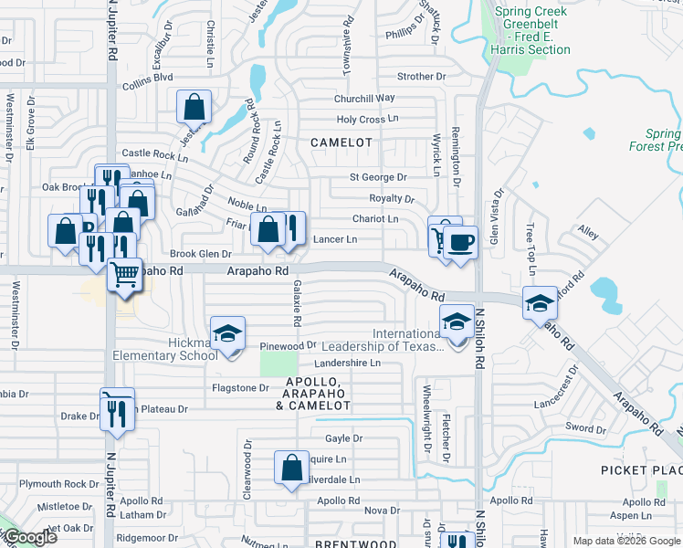 map of restaurants, bars, coffee shops, grocery stores, and more near 2825 Arapaho Road in Garland