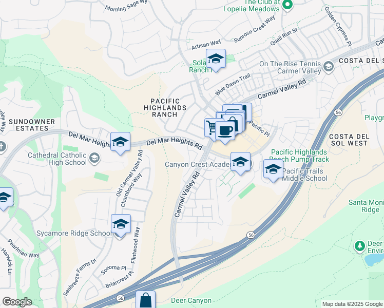 map of restaurants, bars, coffee shops, grocery stores, and more near 5673 Painted Nettles Glen in San Diego