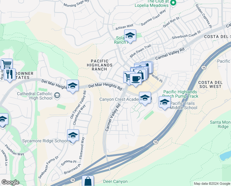 map of restaurants, bars, coffee shops, grocery stores, and more near 5673 Painted Nettles Glen in San Diego