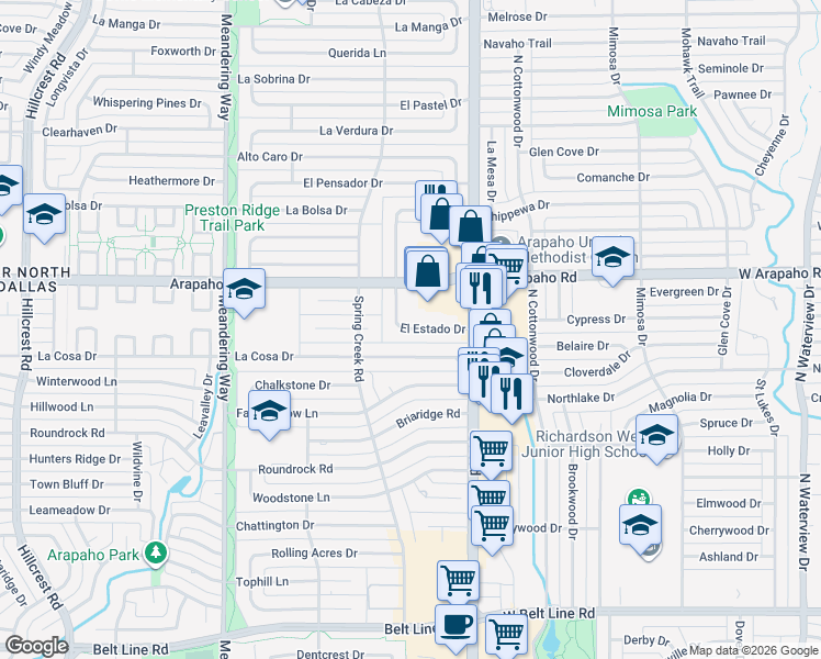 map of restaurants, bars, coffee shops, grocery stores, and more near 15540 El Estado Drive in Dallas