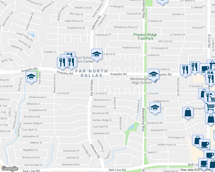 map of restaurants, bars, coffee shops, grocery stores, and more near 15544 Mosscove Circle in Dallas