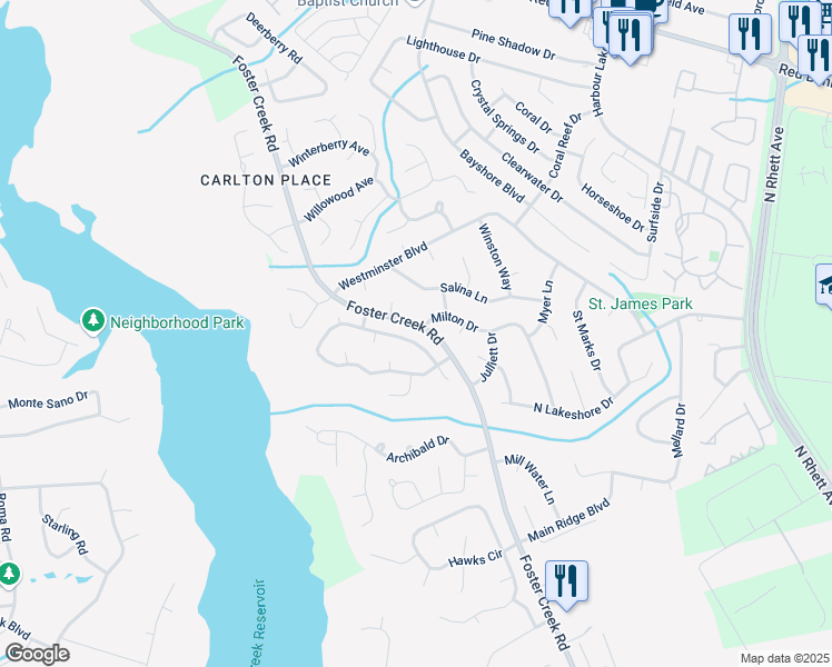 map of restaurants, bars, coffee shops, grocery stores, and more near 83 Milton Drive in Goose Creek