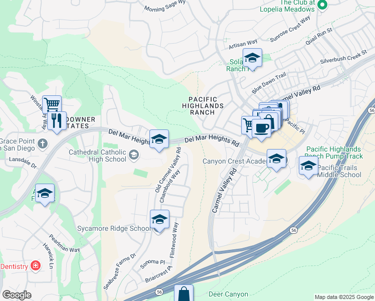 map of restaurants, bars, coffee shops, grocery stores, and more near 13187 Sunstone Point in San Diego