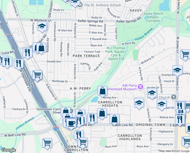 map of restaurants, bars, coffee shops, grocery stores, and more near 1024 Park Avenue in Carrollton