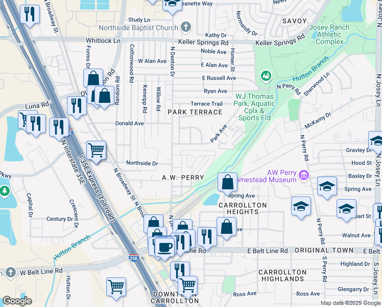 map of restaurants, bars, coffee shops, grocery stores, and more near 1008 Park Avenue in Carrollton