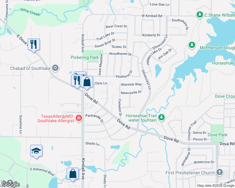 map of restaurants, bars, coffee shops, grocery stores, and more near 2010 Camelot Drive in Grapevine