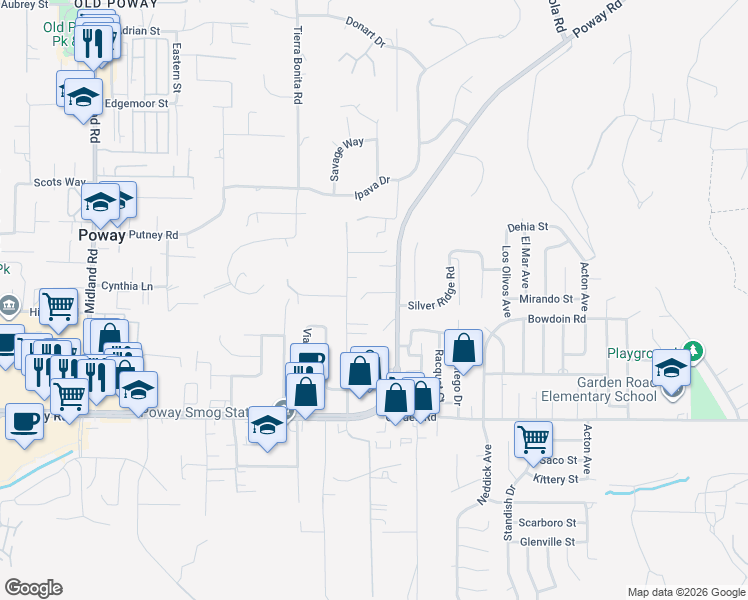 map of restaurants, bars, coffee shops, grocery stores, and more near 14380 Poway Road in Poway