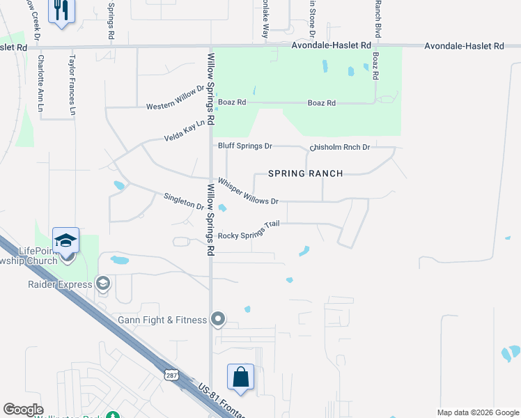 map of restaurants, bars, coffee shops, grocery stores, and more near 1348 Whisper Willowa Drive in Haslet