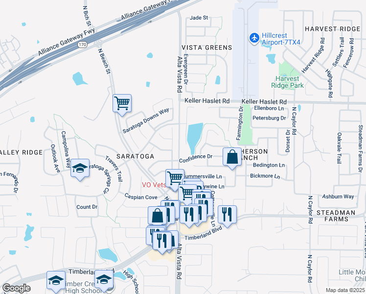 map of restaurants, bars, coffee shops, grocery stores, and more near 12801 Hurricane Lane in Fort Worth