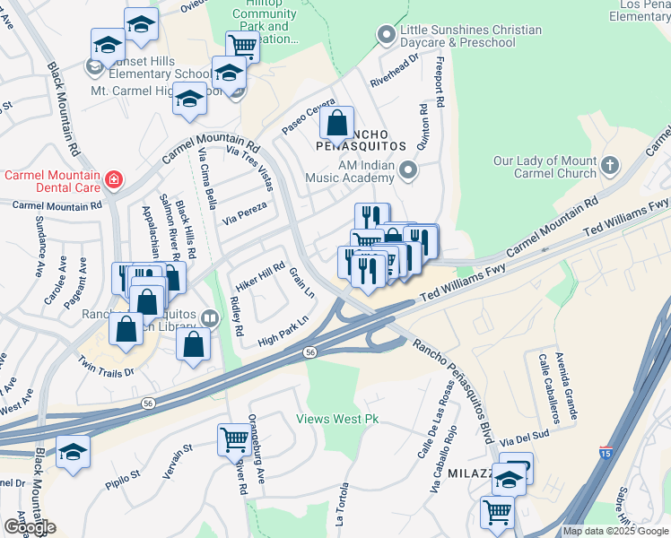 map of restaurants, bars, coffee shops, grocery stores, and more near 9811 Caminito Cuadro in San Diego