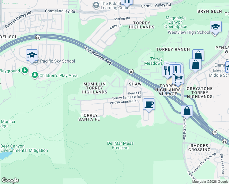 map of restaurants, bars, coffee shops, grocery stores, and more near 7256 Caribou Court in San Diego