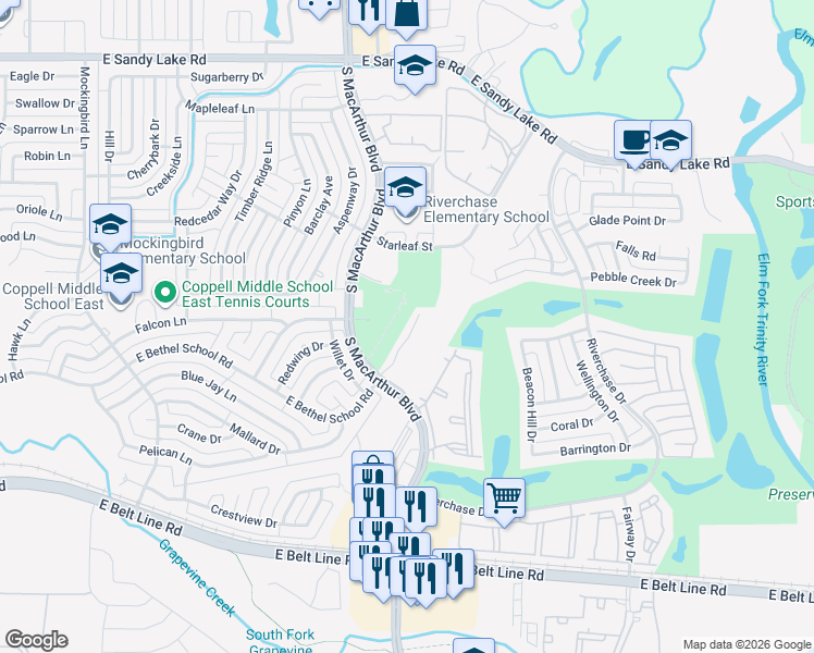 map of restaurants, bars, coffee shops, grocery stores, and more near 50 Bethel School Court in Coppell