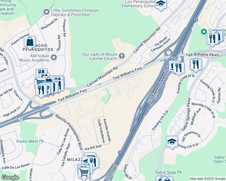 map of restaurants, bars, coffee shops, grocery stores, and more near 13330 Caminito Vizzini in San Diego