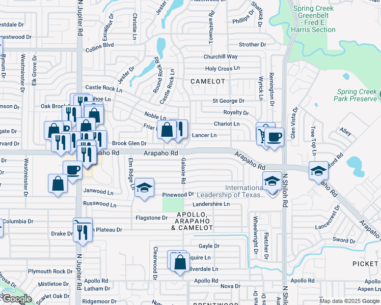 map of restaurants, bars, coffee shops, grocery stores, and more near Arapaho Road in Garland