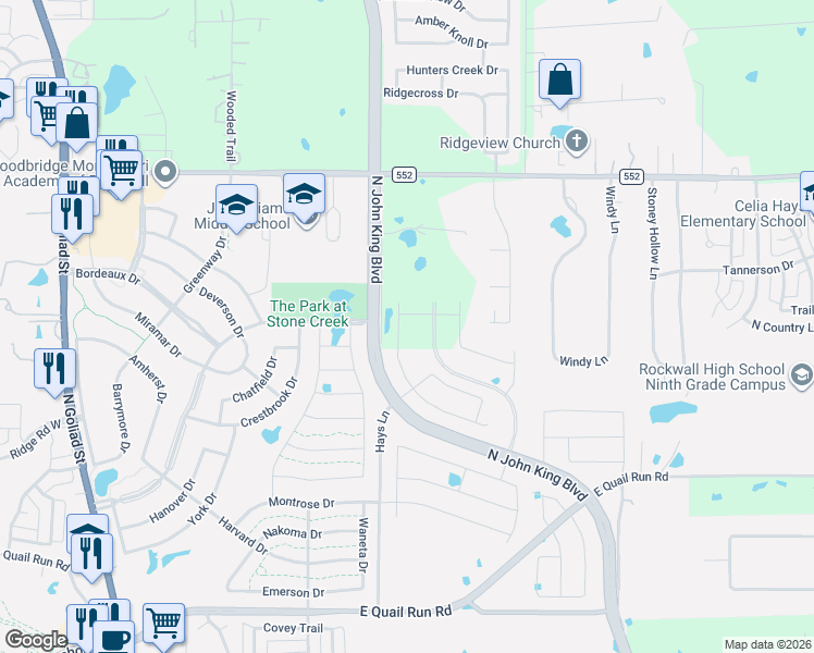 map of restaurants, bars, coffee shops, grocery stores, and more near 2000-2162 Hays Lane in Rockwall