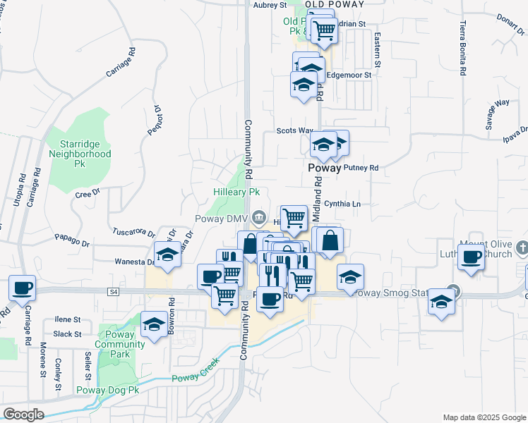 map of restaurants, bars, coffee shops, grocery stores, and more near 513-71 Hilleary Park Drive in Poway