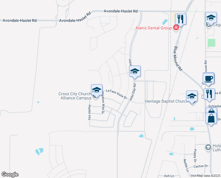 map of restaurants, bars, coffee shops, grocery stores, and more near 492 LeTara Vista Drive in Haslet