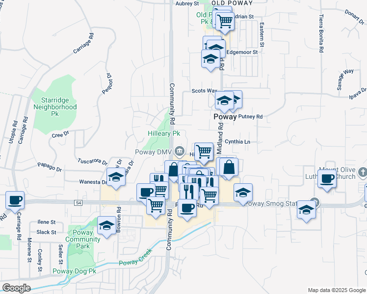 map of restaurants, bars, coffee shops, grocery stores, and more near 513-71 Hilleary Park Drive in Poway