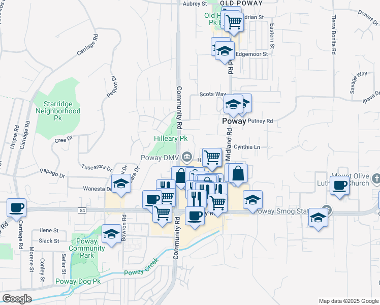 map of restaurants, bars, coffee shops, grocery stores, and more near 513-71 Hilleary Park Drive in Poway