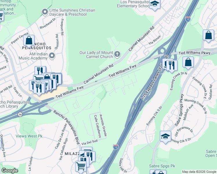 map of restaurants, bars, coffee shops, grocery stores, and more near 13334 Caminito Ciera in San Diego