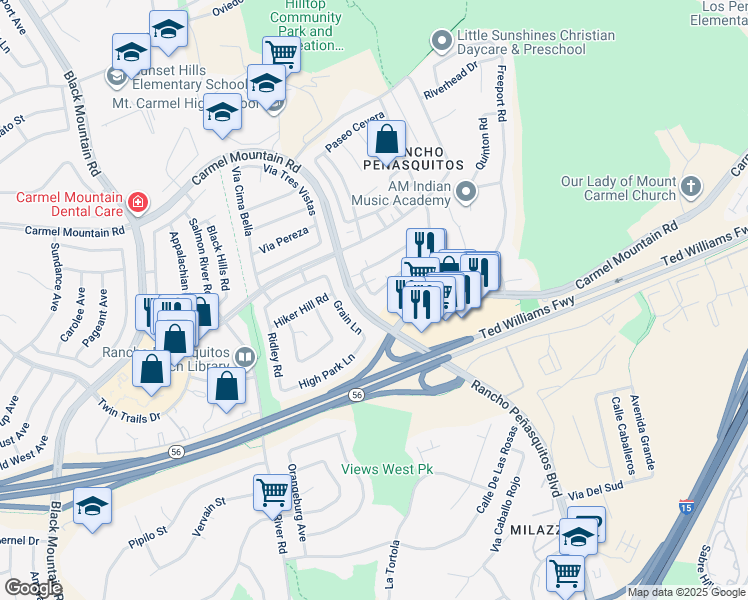 map of restaurants, bars, coffee shops, grocery stores, and more near 9759 Caminito Cuadro in San Diego