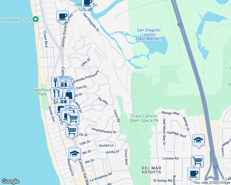 map of restaurants, bars, coffee shops, grocery stores, and more near 1429 Crest Road in Del Mar