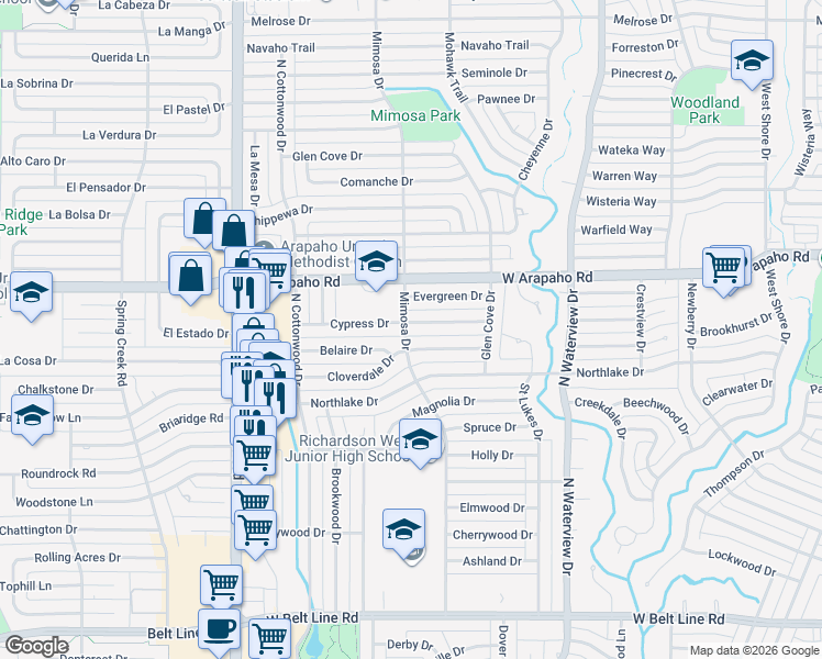 map of restaurants, bars, coffee shops, grocery stores, and more near 1240 Cypress Drive in Richardson