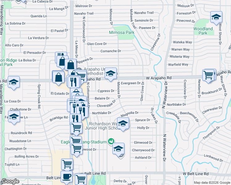 map of restaurants, bars, coffee shops, grocery stores, and more near 1303 Cypress Drive in Richardson
