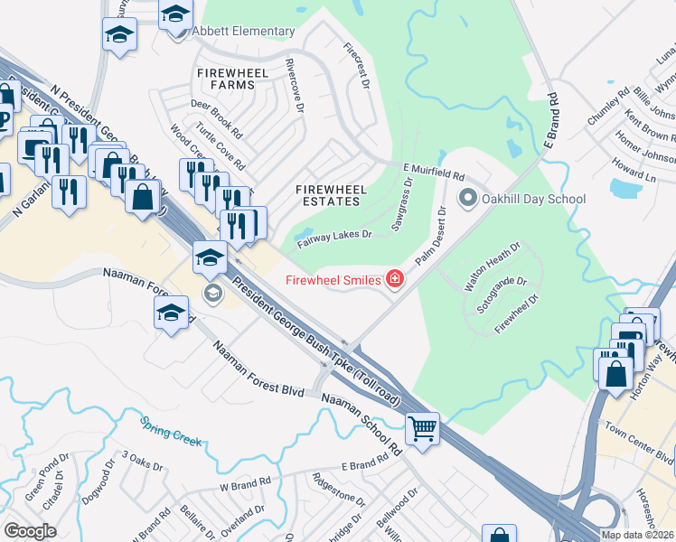 map of restaurants, bars, coffee shops, grocery stores, and more near 509 Palm Desert Drive in Garland