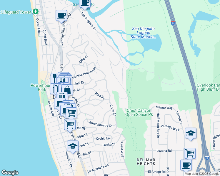 map of restaurants, bars, coffee shops, grocery stores, and more near 1373 Crest Road in Del Mar