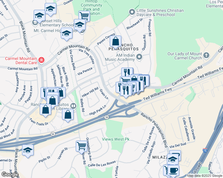 map of restaurants, bars, coffee shops, grocery stores, and more near 9805 Caminito Cuadro in San Diego