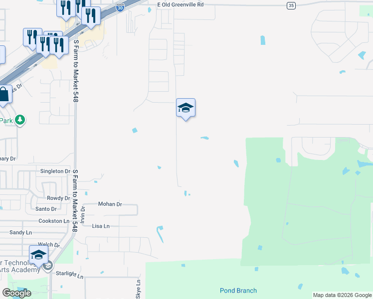 map of restaurants, bars, coffee shops, grocery stores, and more near 1510 Cemetery Road in Royse City