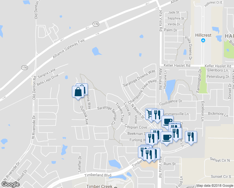 map of restaurants, bars, coffee shops, grocery stores, and more near 12832 Lizzie Place in Fort Worth