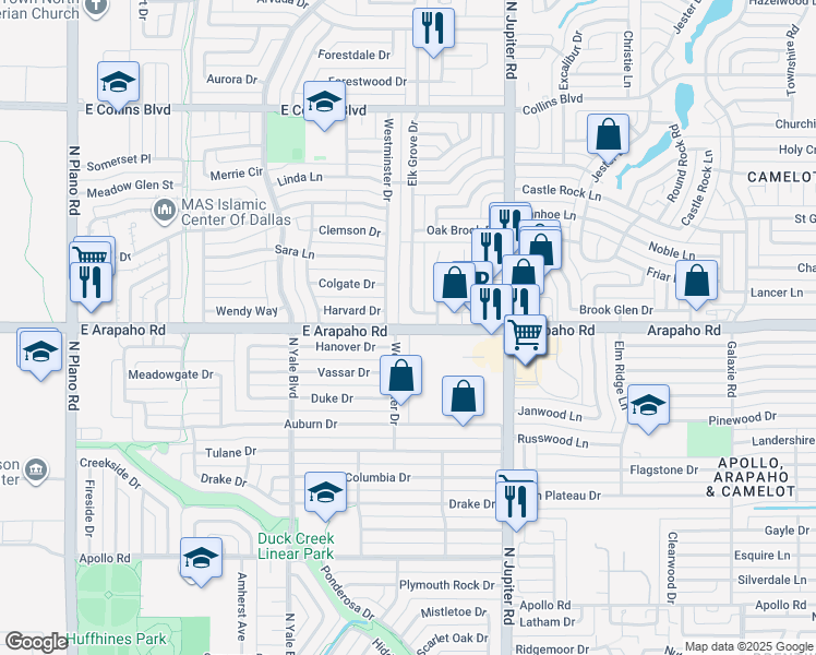map of restaurants, bars, coffee shops, grocery stores, and more near 2019 East Arapaho Road in Richardson