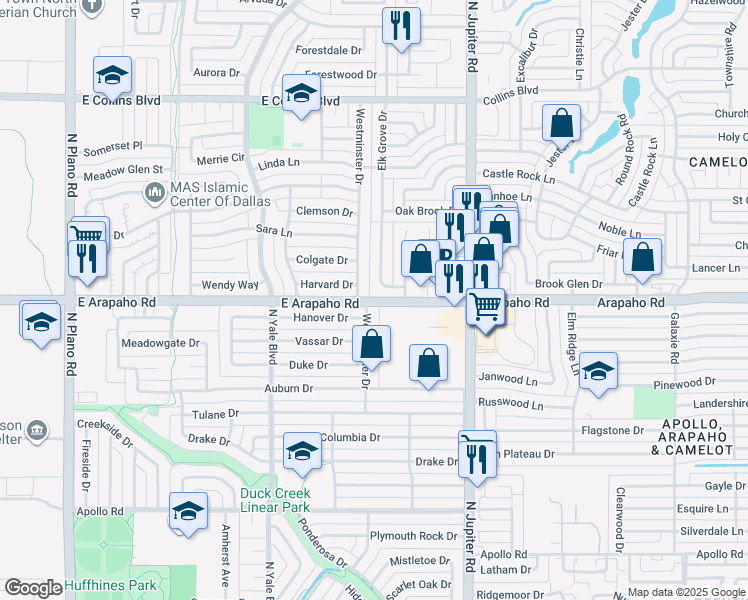 map of restaurants, bars, coffee shops, grocery stores, and more near 2005 East Arapaho Road in Richardson