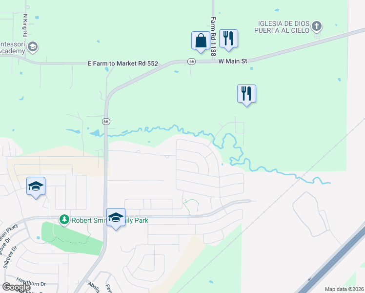 map of restaurants, bars, coffee shops, grocery stores, and more near 3355 Hawkins Drive in Fate