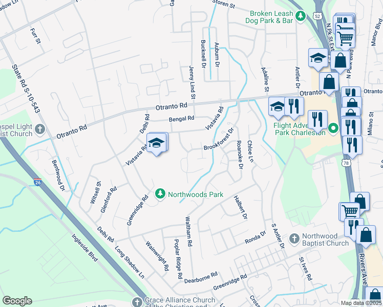 map of restaurants, bars, coffee shops, grocery stores, and more near 8575 Lake Moultrie Drive in North Charleston