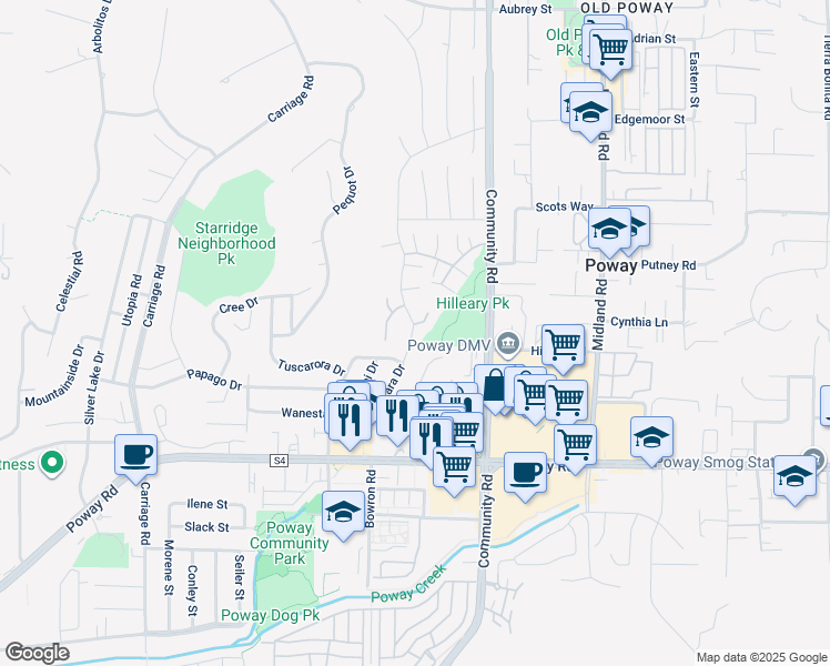 map of restaurants, bars, coffee shops, grocery stores, and more near 13544 Comuna Drive in Poway