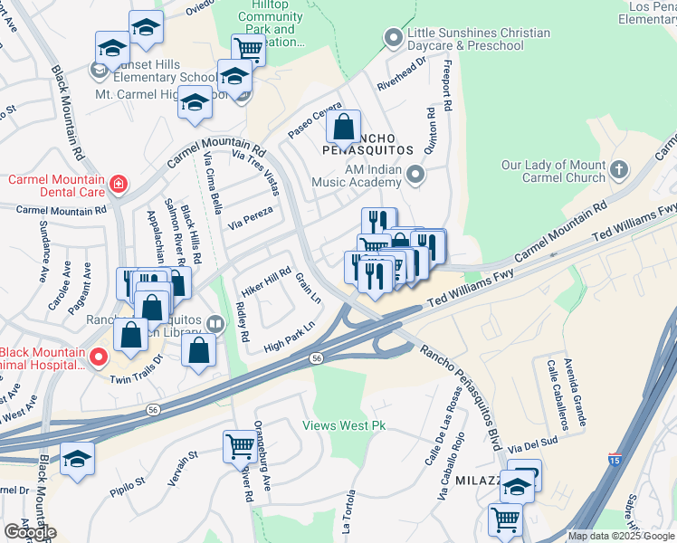 map of restaurants, bars, coffee shops, grocery stores, and more near 9805 Caminito Cuadro in San Diego