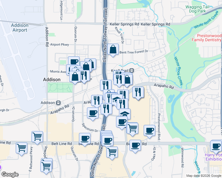 map of restaurants, bars, coffee shops, grocery stores, and more near 15480 Dallas Parkway in Dallas