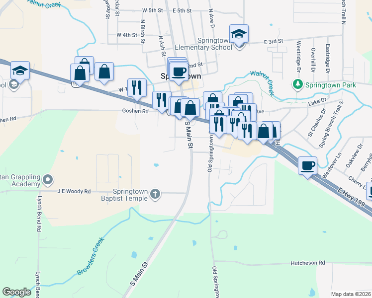 map of restaurants, bars, coffee shops, grocery stores, and more near 436 South Main Street in Springtown