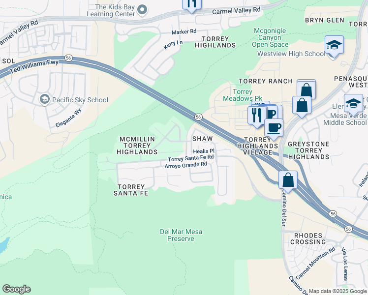 map of restaurants, bars, coffee shops, grocery stores, and more near 7316 Caribou Court in San Diego