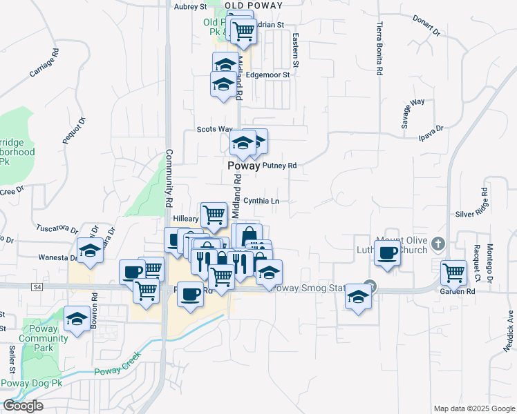 map of restaurants, bars, coffee shops, grocery stores, and more near 3625 Janeen Road in Poway