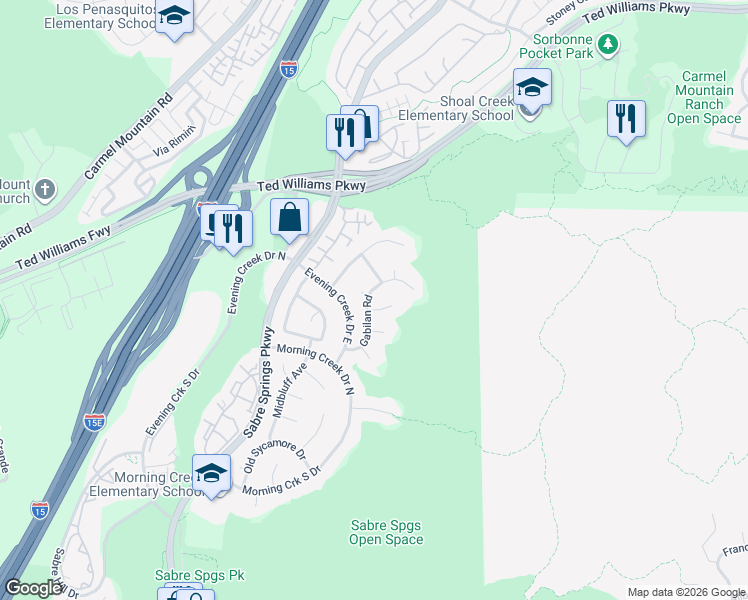 map of restaurants, bars, coffee shops, grocery stores, and more near 13313 Gabilan Road in San Diego