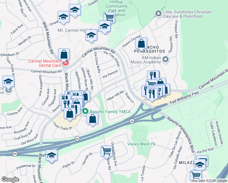 map of restaurants, bars, coffee shops, grocery stores, and more near 9540 Whellock Way in San Diego