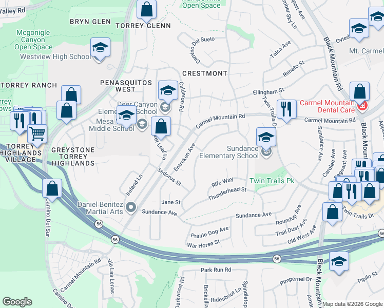 map of restaurants, bars, coffee shops, grocery stores, and more near 13326 Entreken Avenue in San Diego