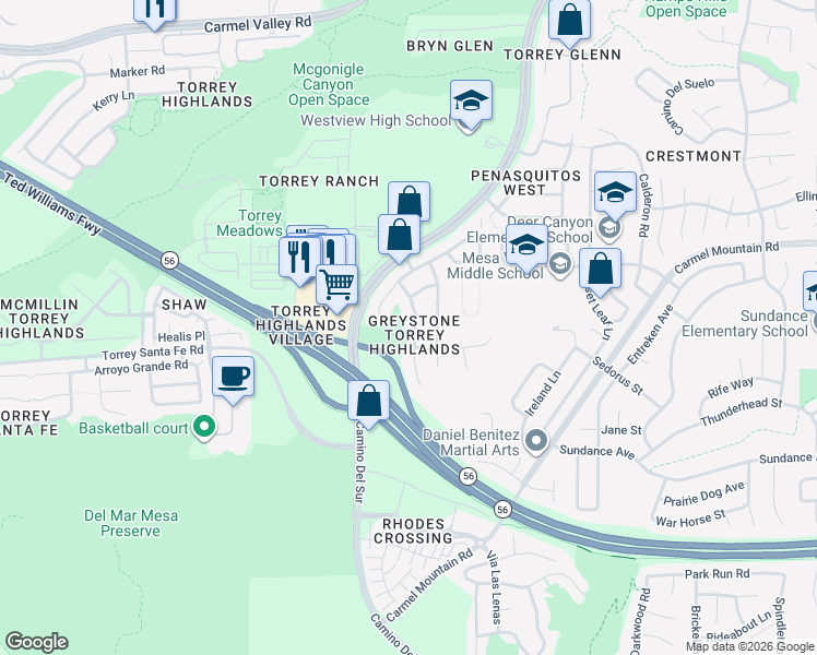 map of restaurants, bars, coffee shops, grocery stores, and more near 8187 Torrey Gardens Place in San Diego