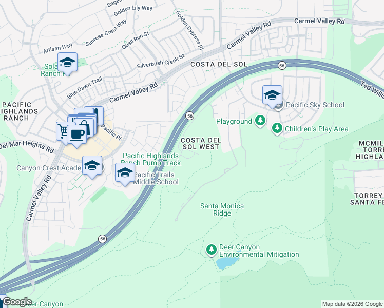 map of restaurants, bars, coffee shops, grocery stores, and more near 6307 Oleander Way in San Diego