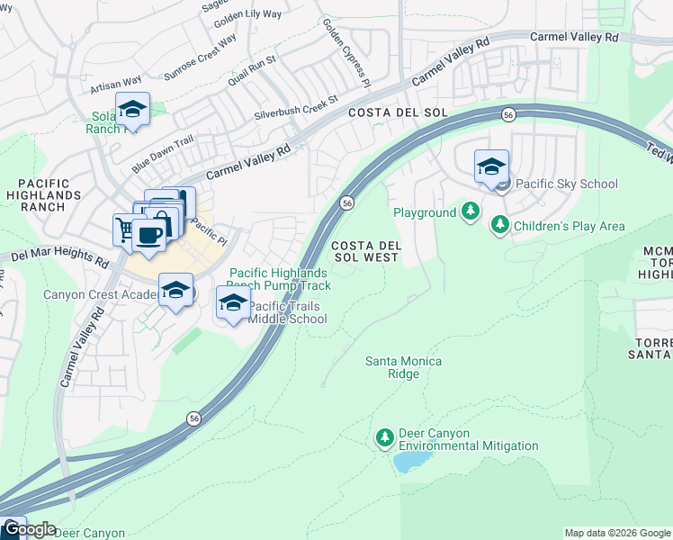 map of restaurants, bars, coffee shops, grocery stores, and more near 6307 Oleander Way in San Diego