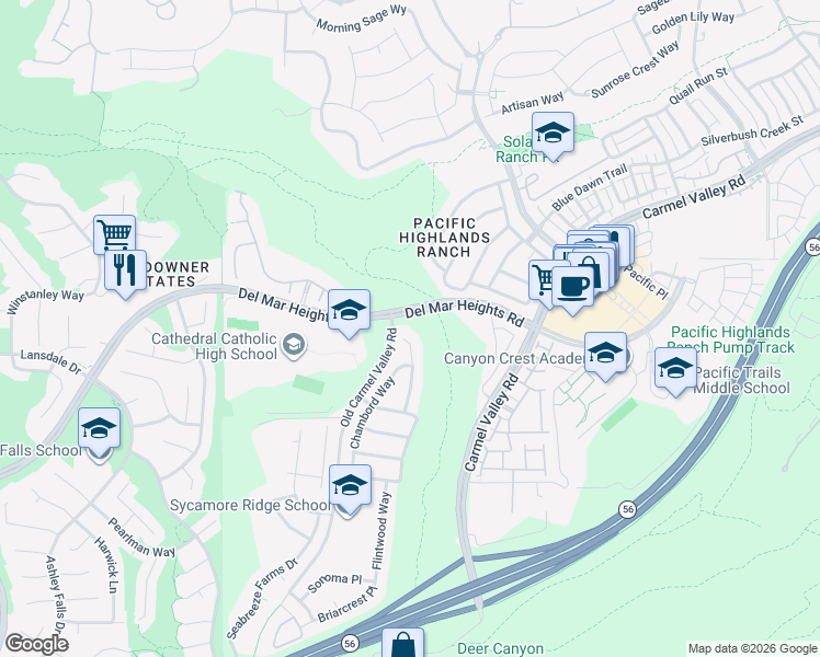 map of restaurants, bars, coffee shops, grocery stores, and more near 13187 Sunstone Point in San Diego